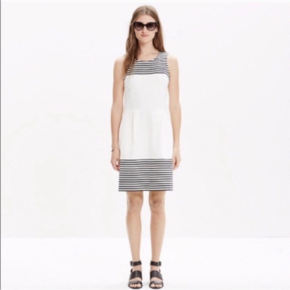 Madewell White Navy Blue Striped Sleeveless Fit‎ Flare Dress Pockets Small #411
